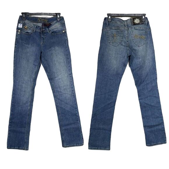 House of De'reon Beyonce Mid-Rise Straight Premium Jeans Blue Distressed Denim - Picture 1 of 15